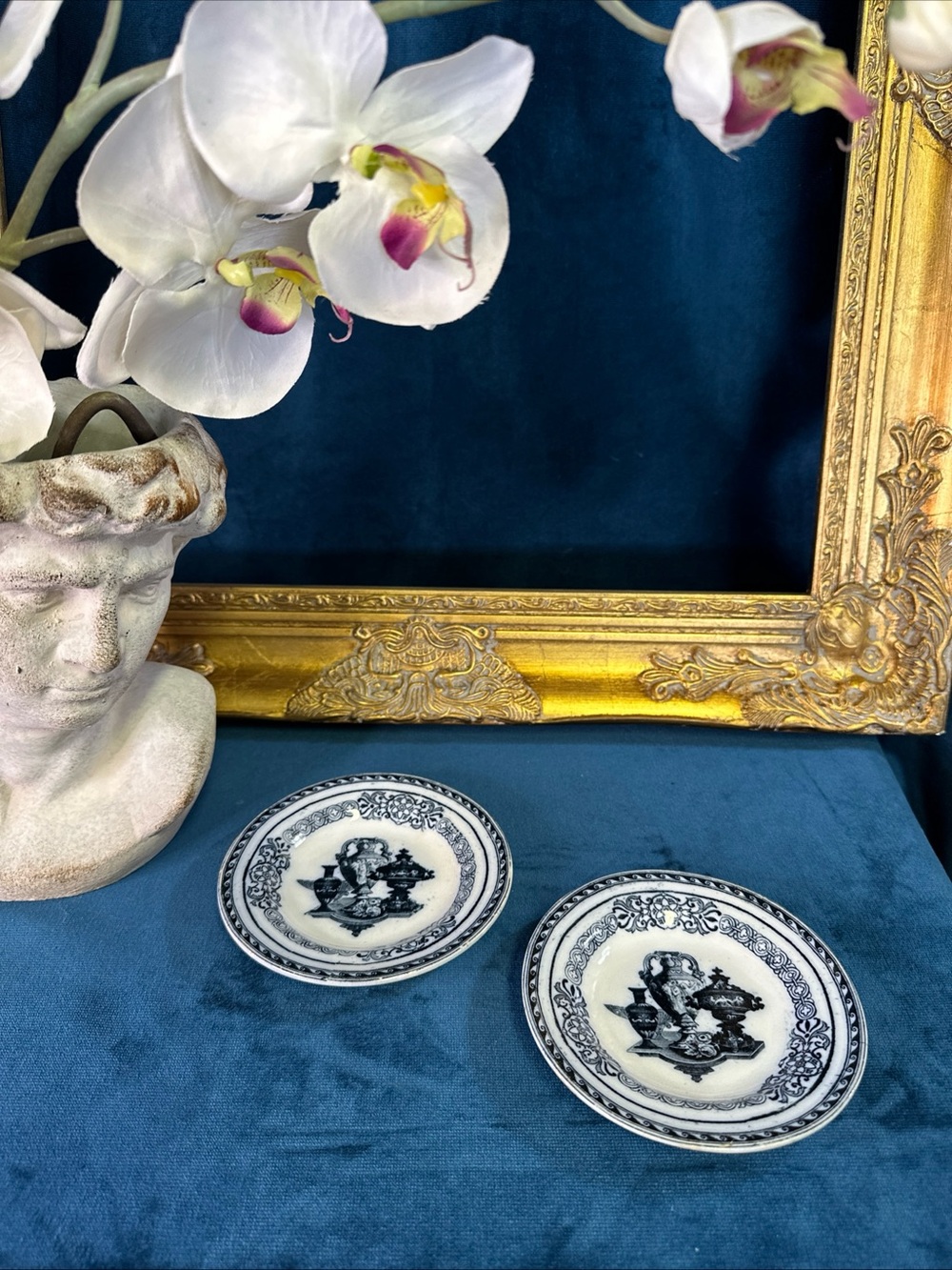 Pair Antique Wedgwood Transferware Black/Blue Urn Pattern Small Plates Set Of 2